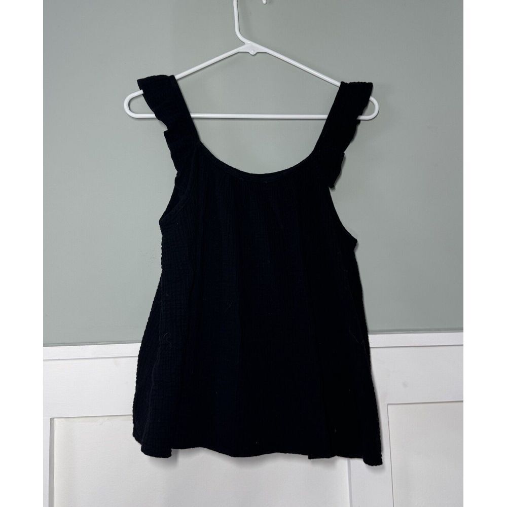 P. Cill Top Large Black Gauze Cotton Sleeveless Ruffle Texture‎ Adjustable